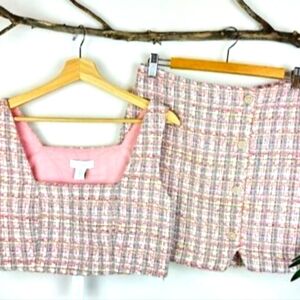 House Of Harlow 1960 Pixie Dust Tweed Pink Top & Mini Skirt Sz S/P MSRP $596 NWT